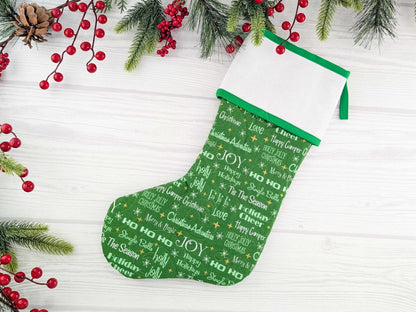 Blank Green Holiday Words Christmas Stocking with Cross Stitchable Cuff - Straight Style