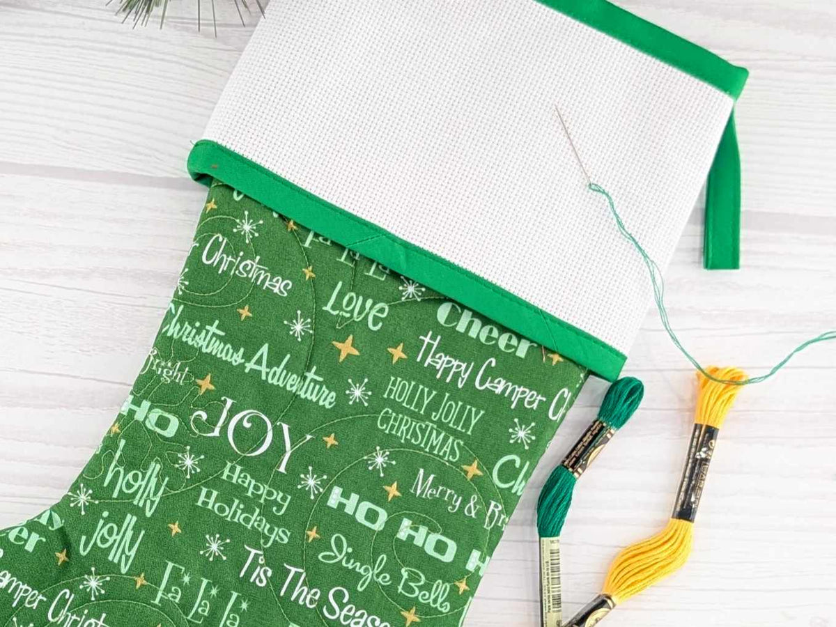 Blank Green Holiday Words Christmas Stocking with Cross Stitchable Cuff - Straight Style