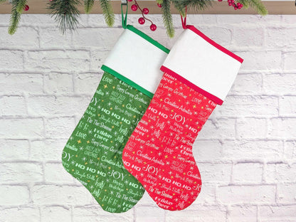 Blank Green Holiday Words Christmas Stocking with Cross Stitchable Cuff - Straight Style