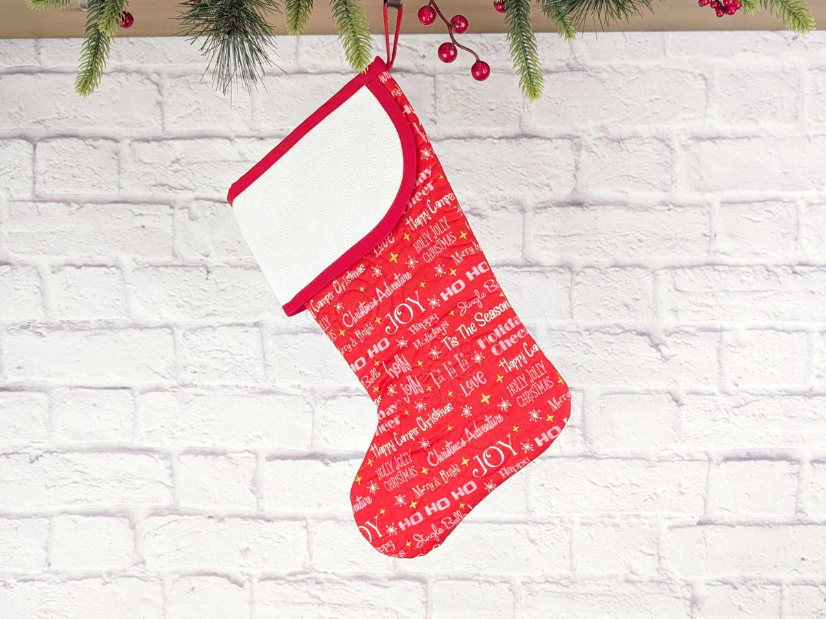 Blank Red Holiday Words Christmas Stocking with Cross Stitchable Cuff - Curved Style
