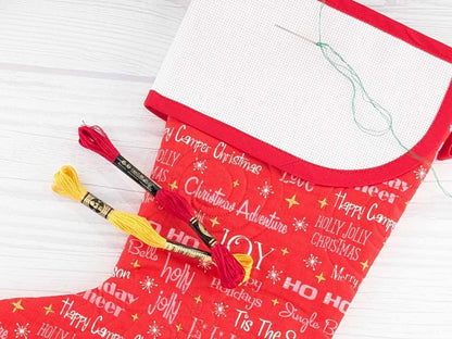 Blank Red Holiday Words Christmas Stocking with Cross Stitchable Cuff - Curved Style