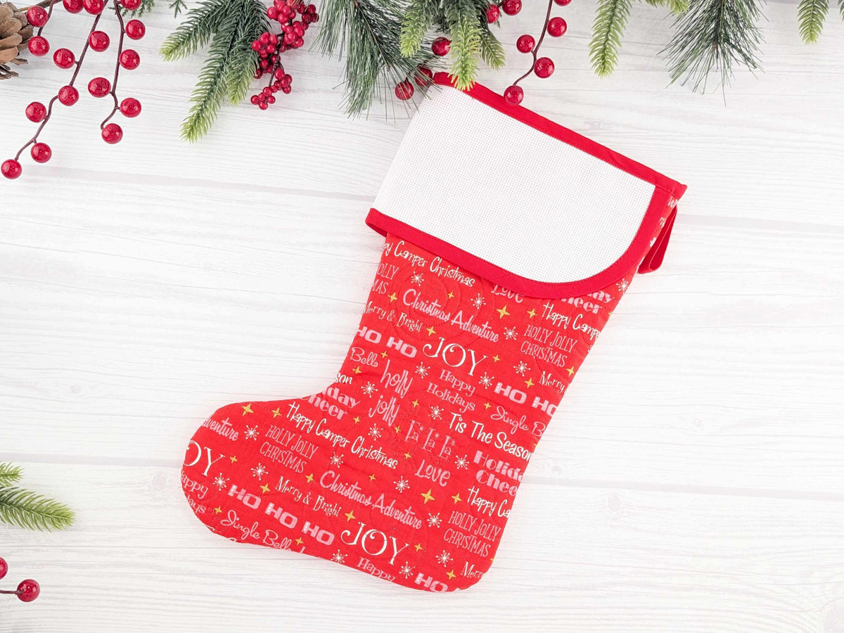 Blank Red Holiday Words Christmas Stocking with Cross Stitchable Cuff - Curved Style