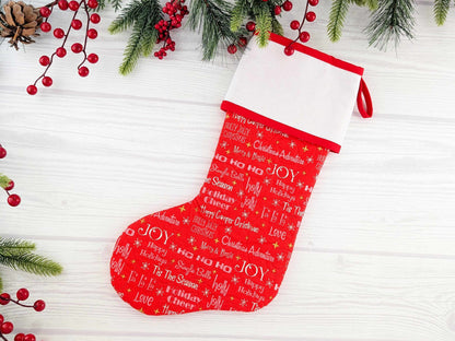 Blank Red Holiday Words Christmas Stocking with Cross Stitchable Cuff - Straight Style