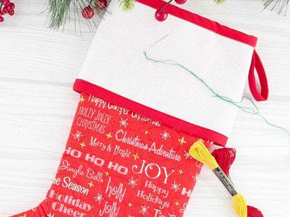 Blank Red Holiday Words Christmas Stocking with Cross Stitchable Cuff - Straight Style