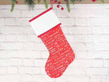 Blank Red Holiday Words Christmas Stocking with Cross Stitchable Cuff - Straight Style