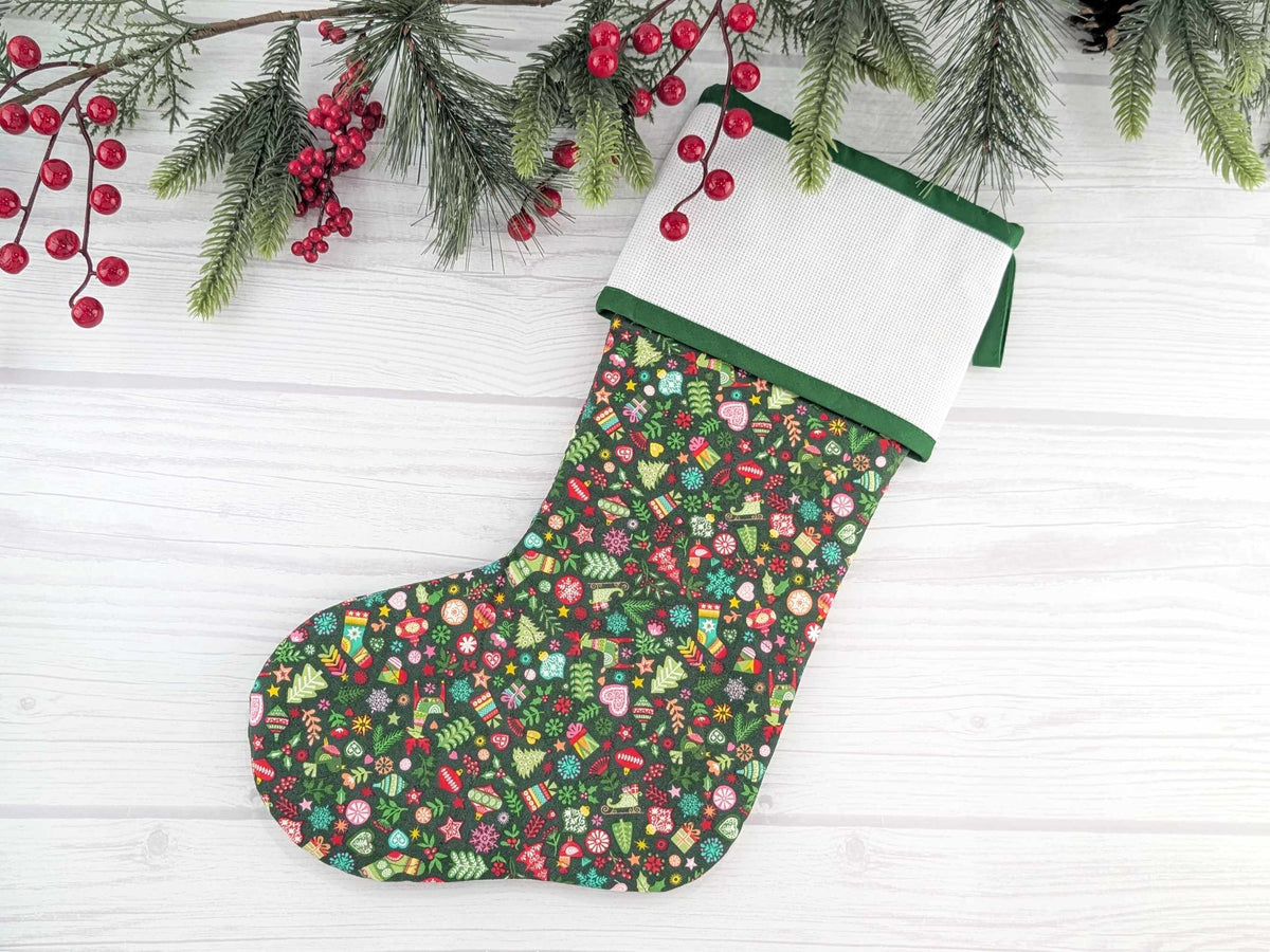 Blank Green Scandinavian Mix Christmas Stocking with Cross Stitchable Cuff - Straight Style