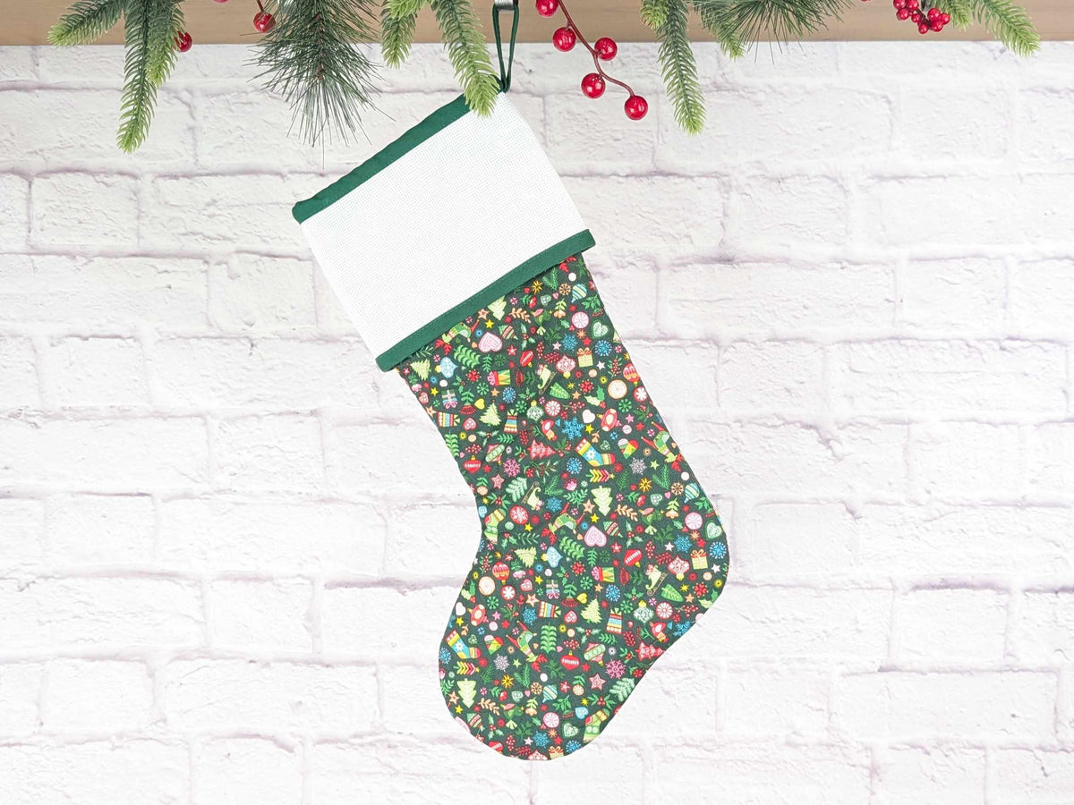 Blank Green Scandinavian Mix Christmas Stocking with Cross Stitchable Cuff - Straight Style