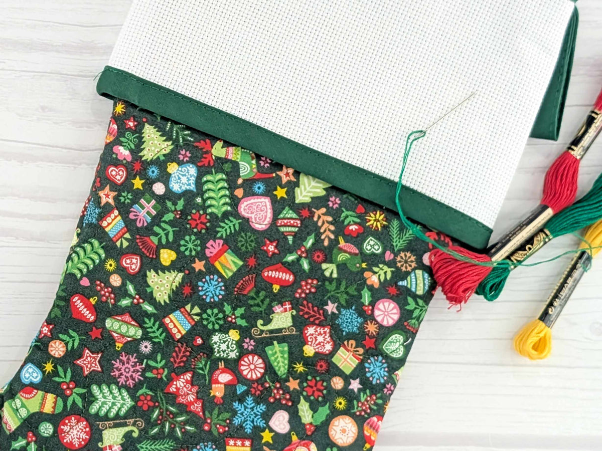 Blank Green Scandinavian Mix Christmas Stocking with Cross Stitchable Cuff - Straight Style