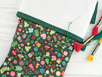 Blank Green Scandinavian Mix Christmas Stocking with Cross Stitchable Cuff - Straight Style