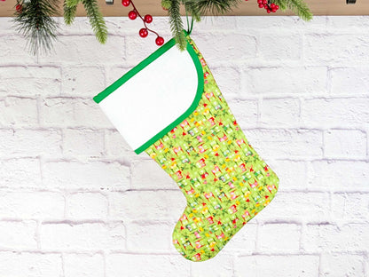 Blank Bright Green Scandinavian Deer Christmas Stocking with Cross Stitchable Cuff - Curved Style
