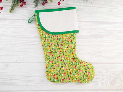 Blank Bright Green Scandinavian Deer Christmas Stocking with Cross Stitchable Cuff - Curved Style