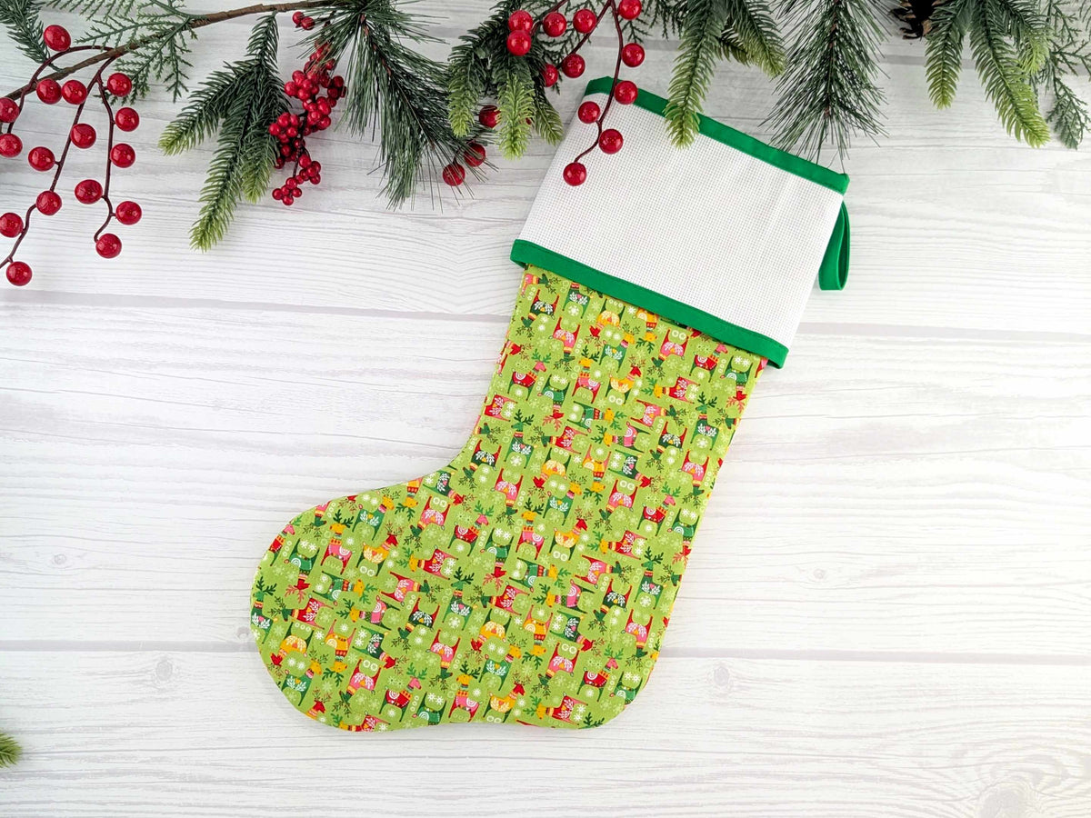Blank Bright Green Scandinavian Deer Christmas Stocking with Cross Stitchable Cuff - Straight Style