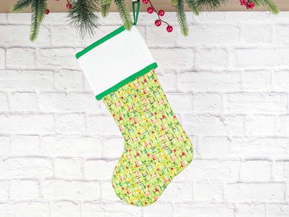 Blank Bright Green Scandinavian Deer Christmas Stocking with Cross Stitchable Cuff - Straight Style