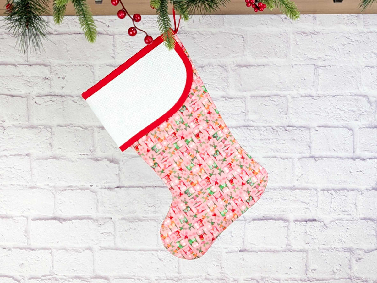 Blank Pink Scandinavian Deer Christmas Stocking with Cross Stitchable Cuff - Curved Style