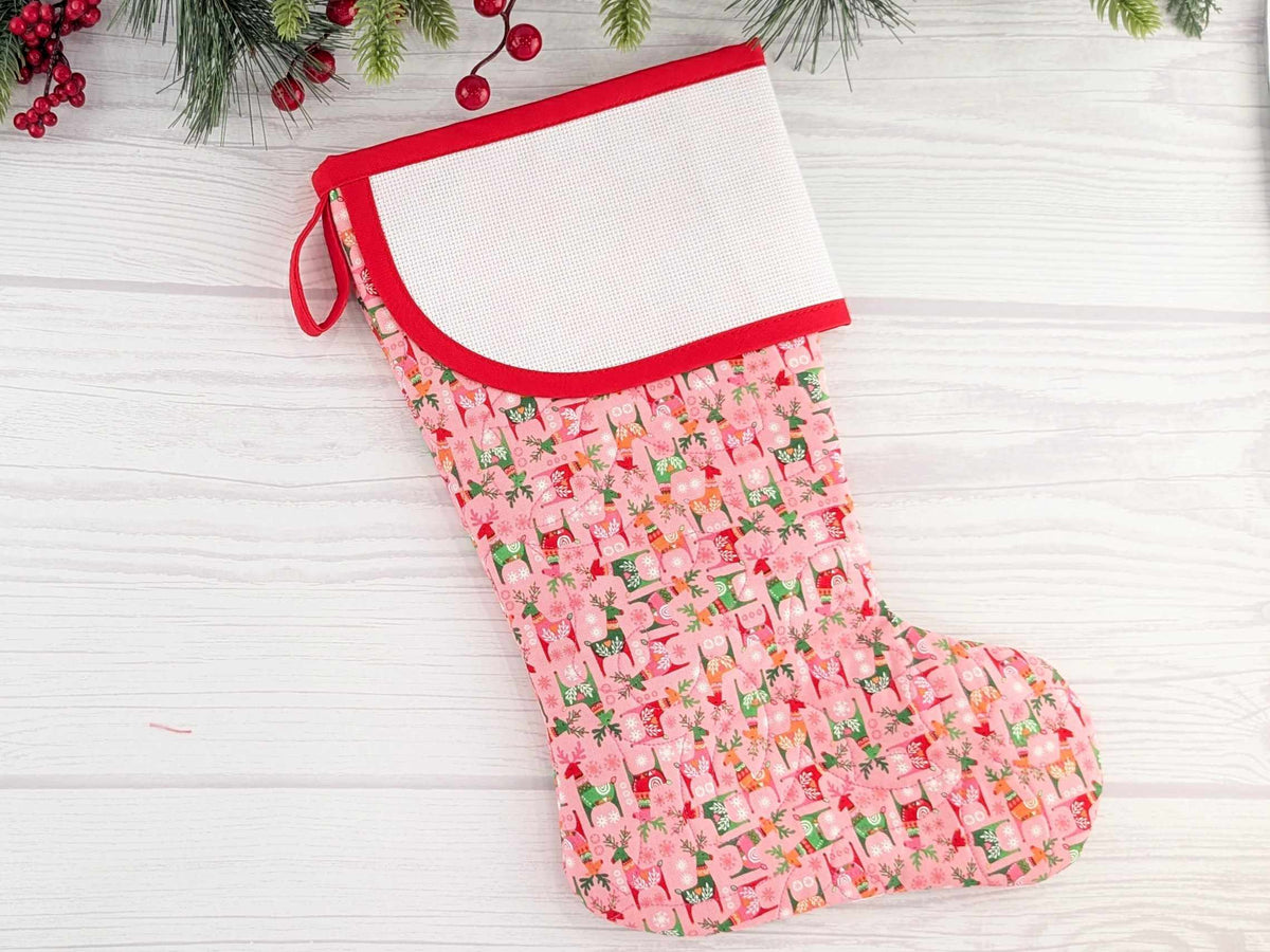Blank Pink Scandinavian Deer Christmas Stocking with Cross Stitchable Cuff - Curved Style
