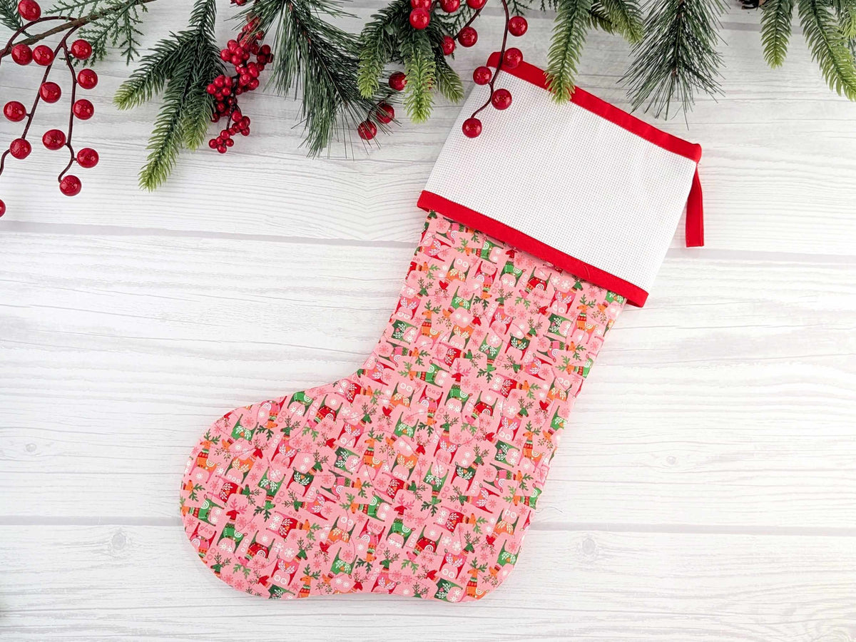 Blank Pink Scandinavian Deer Christmas Stocking with Cross Stitchable Cuff - Straight Style