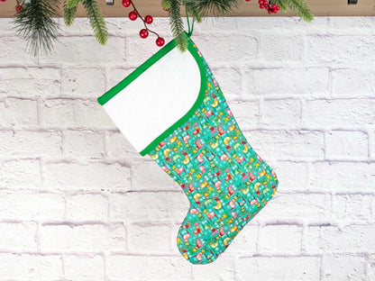 Blank Bright Teal Scandinavian Deer Christmas Stocking with Cross Stitchable Cuff - Curved Style