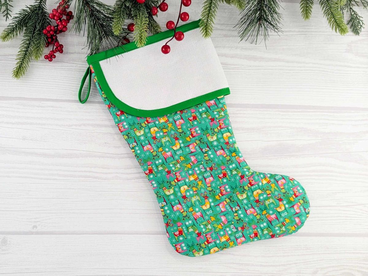 Blank Bright Teal Scandinavian Deer Christmas Stocking with Cross Stitchable Cuff - Curved Style