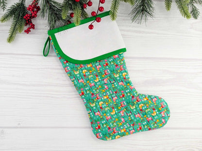 Blank Bright Teal Scandinavian Deer Christmas Stocking with Cross Stitchable Cuff - Curved Style