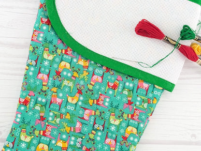 Blank Bright Teal Scandinavian Deer Christmas Stocking with Cross Stitchable Cuff - Curved Style