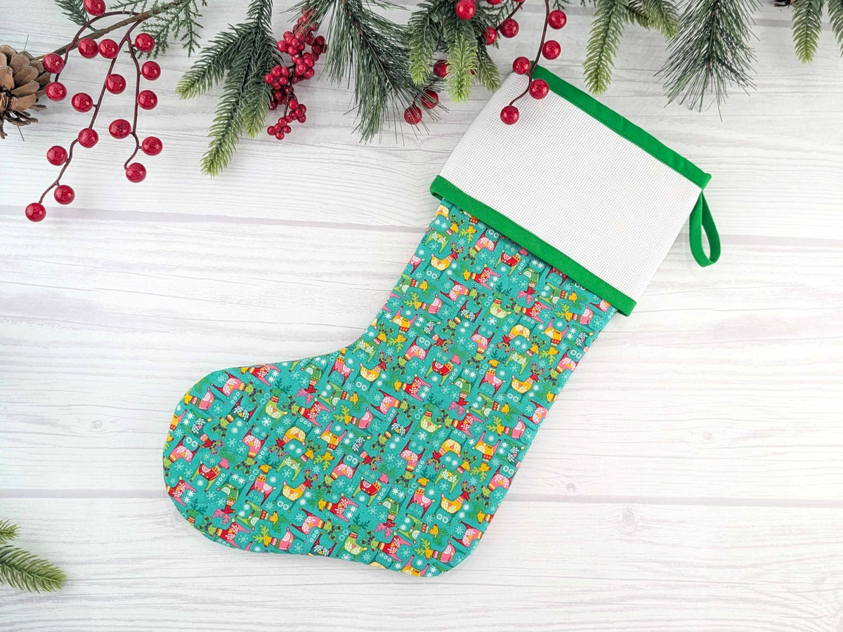 Blank Bright Teal Scandinavian Deer Christmas Stocking with Cross Stitchable Cuff - Straight Style