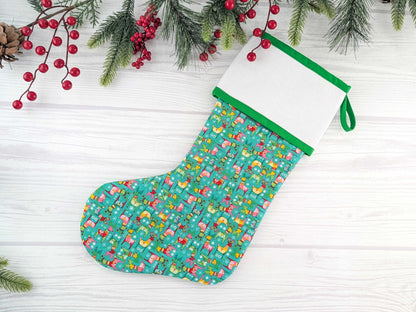 Blank Bright Teal Scandinavian Deer Christmas Stocking with Cross Stitchable Cuff - Straight Style