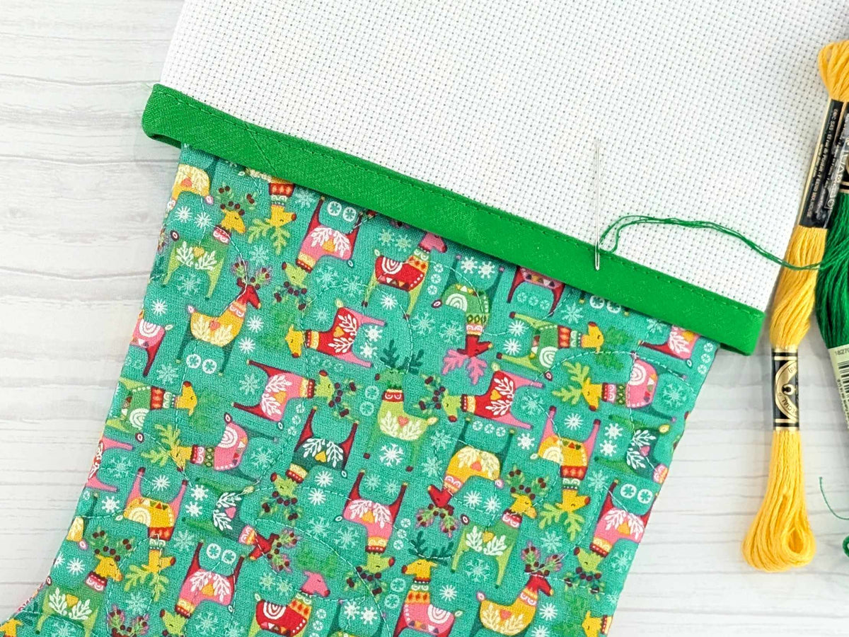 Blank Bright Teal Scandinavian Deer Christmas Stocking with Cross Stitchable Cuff - Straight Style