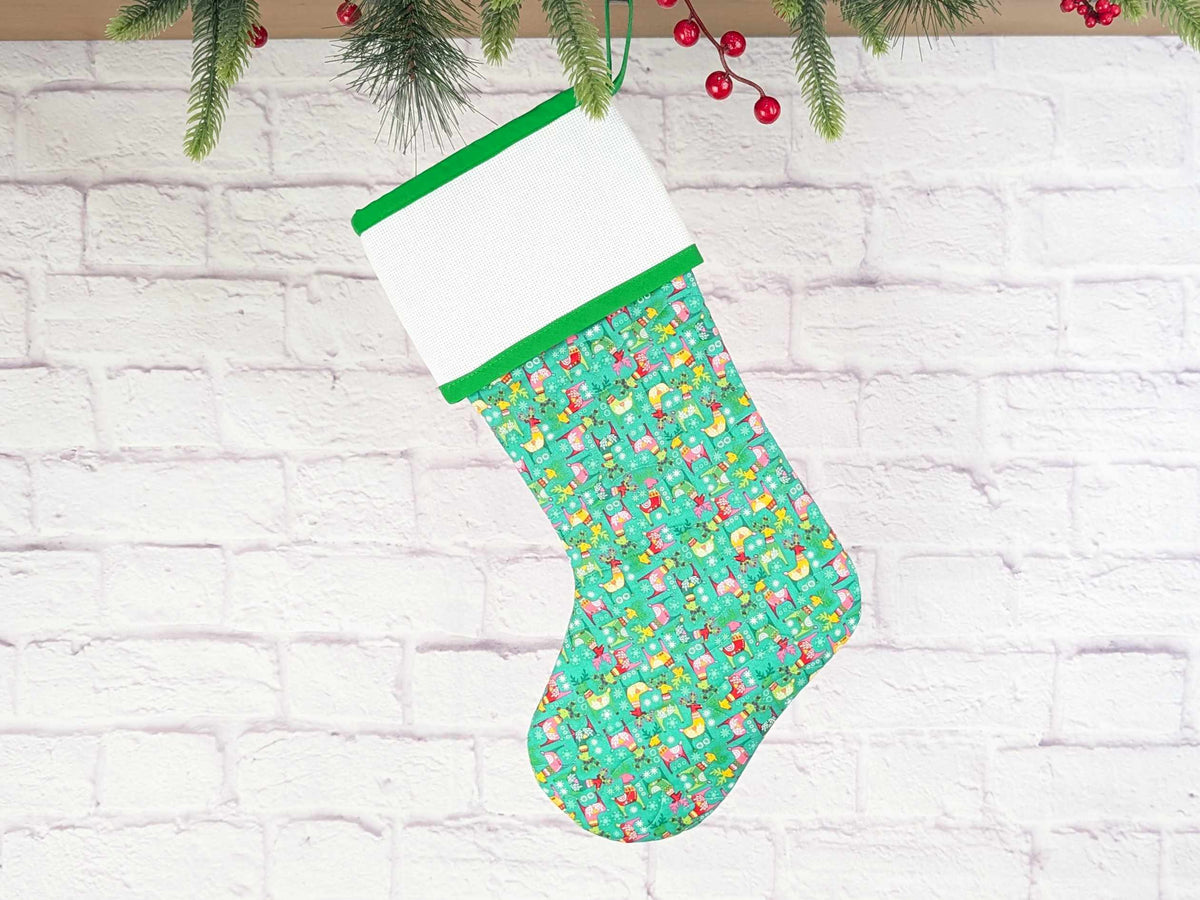 Blank Bright Teal Scandinavian Deer Christmas Stocking with Cross Stitchable Cuff - Straight Style
