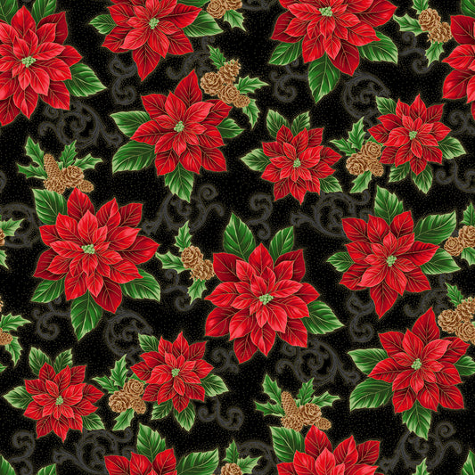 Christmas Stocking with Blank Cross Stitchable Aida Cuff | Quilted and Fully Lined - Christmas Splendor Poinsettias Black