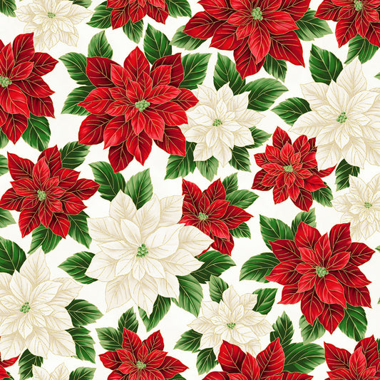 Christmas Stocking with Blank Cross Stitchable Aida Cuff | Quilted and Fully Lined - Christmas Splendor Poinsettias Cream