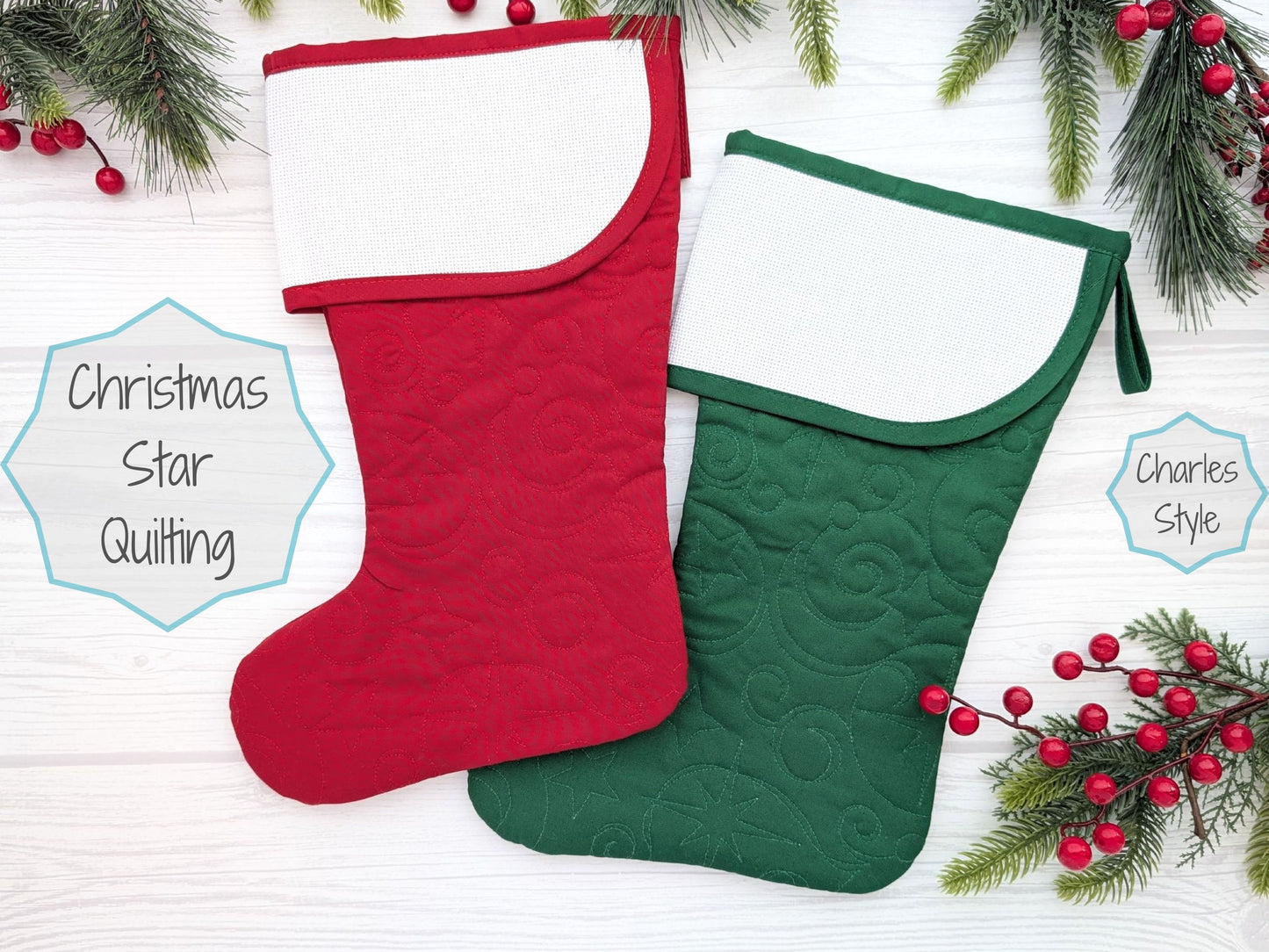 blank quilted Christmas stocking with cross stitch aida cuff in dark red, bright red, or dark green with waves quilting