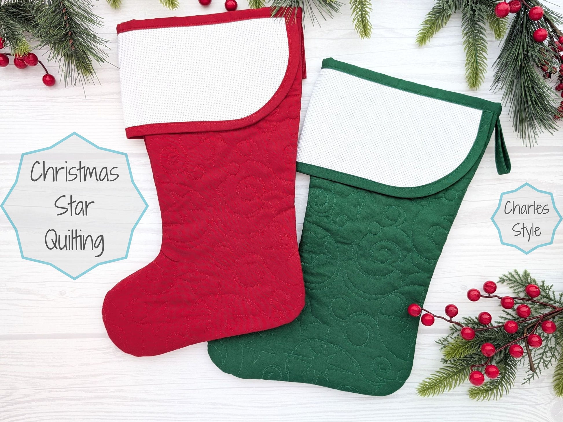 blank quilted Christmas stocking with cross stitch aida cuff in dark red, bright red, or dark green with waves quilting