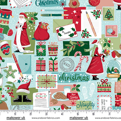 Christmas Stocking with Blank Cross Stitchable Aida Cuff | Quilted and Fully Lined - Christmas Wishes Scrapbook Blue