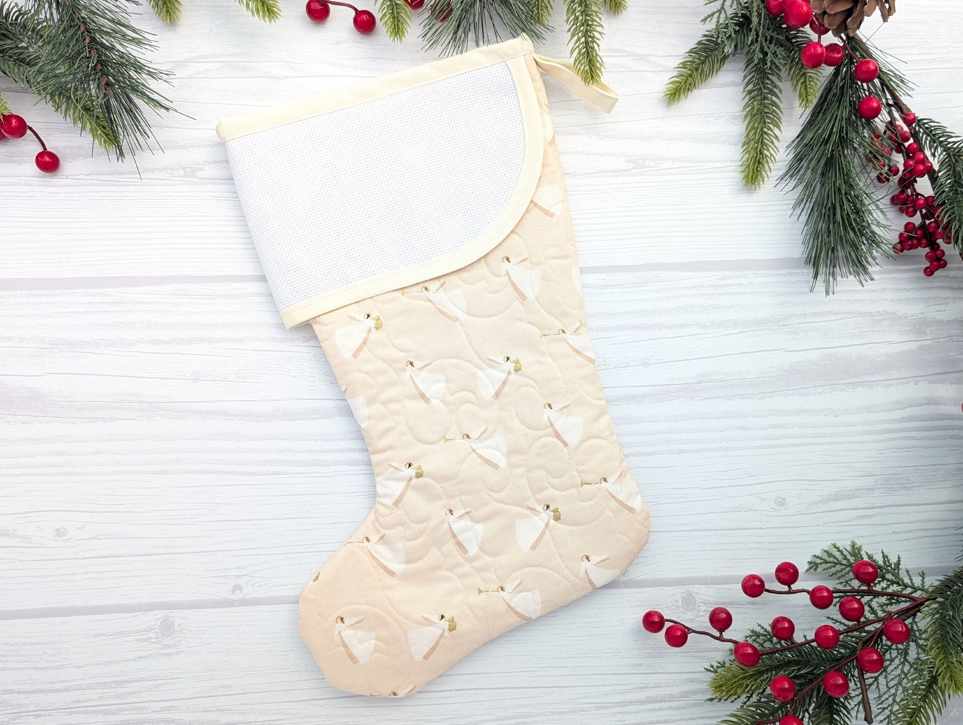 Beige Angels Christmas stocking with blank aida cuff