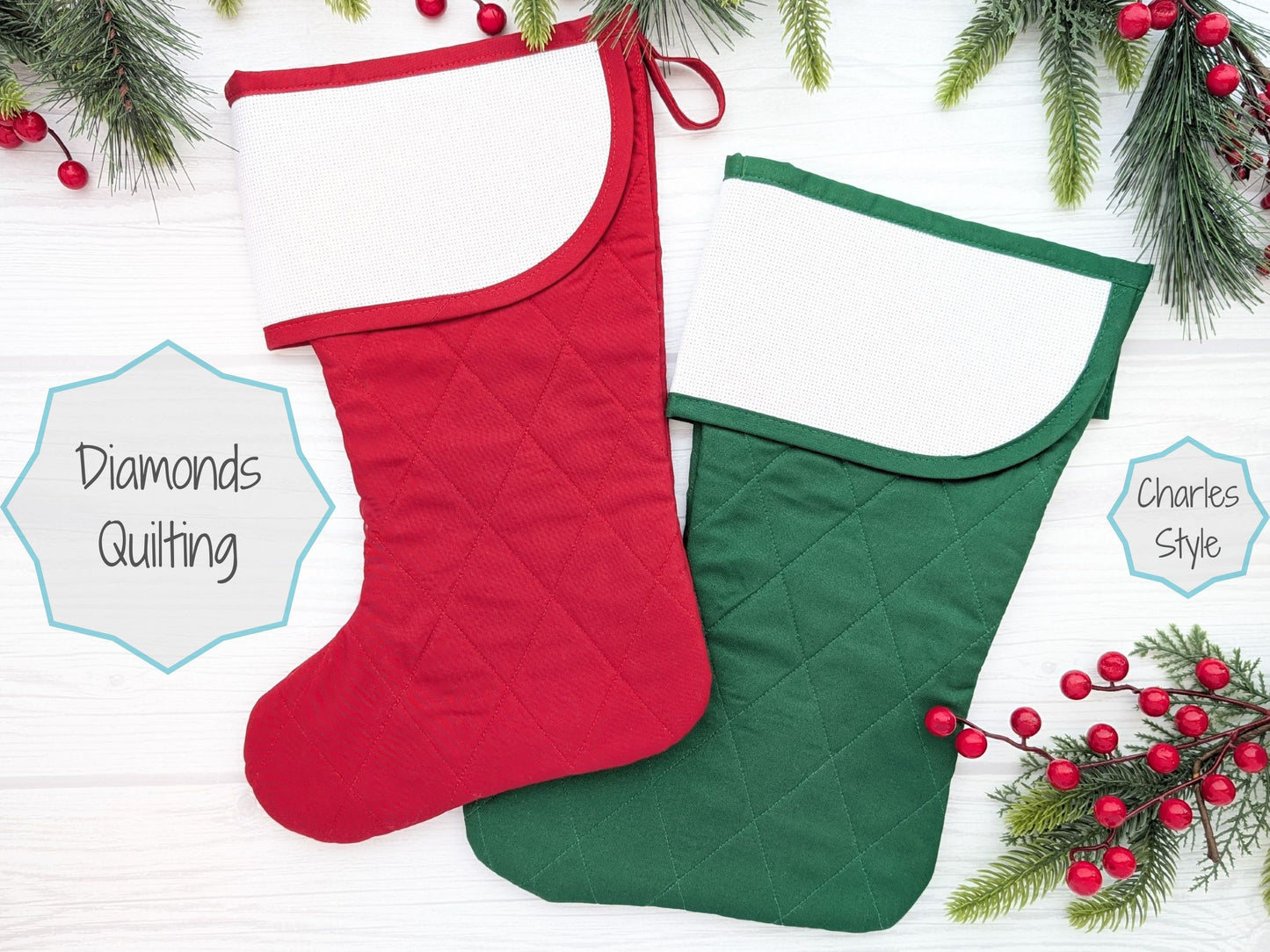 blank quilted Christmas stocking with cross stitch aida cuff in dark red, bright red, or dark green with diamond quilting