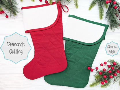 blank quilted Christmas stocking with cross stitch aida cuff in dark red, bright red, or dark green with diamond quilting