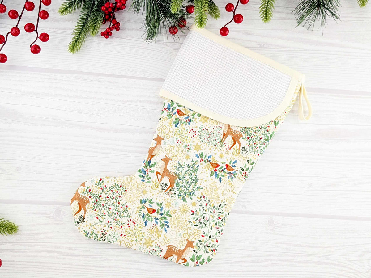 Blank Cream Elegant Forest Christmas Stocking with Cross Stitchable Cuff - Curved Style