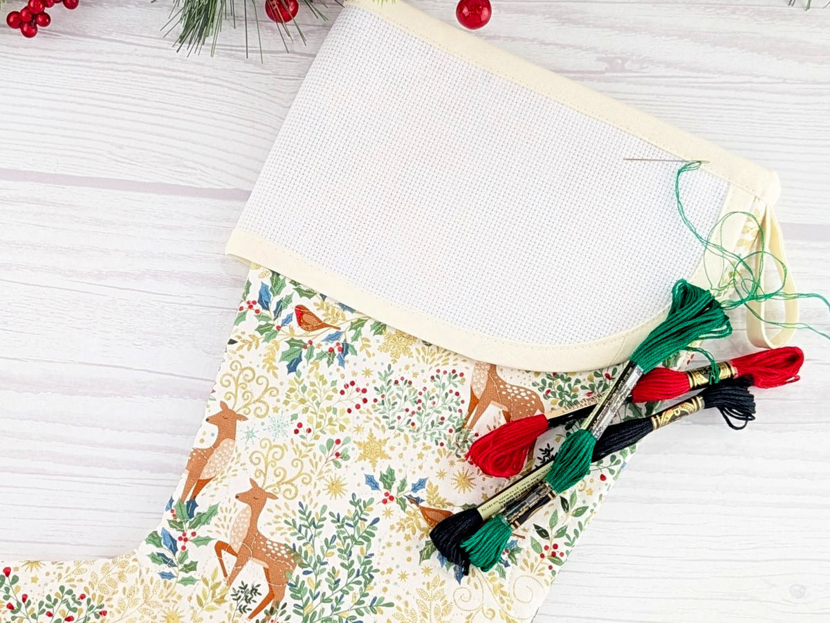 Blank Cream Elegant Forest Christmas Stocking with Cross Stitchable Cuff - Curved Style