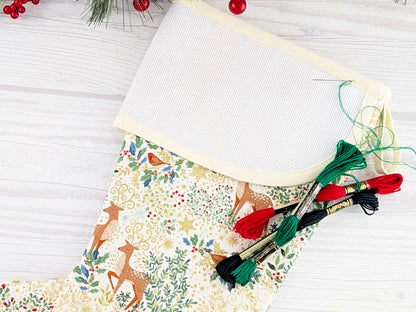 Blank Cream Elegant Forest Christmas Stocking with Cross Stitchable Cuff - Curved Style
