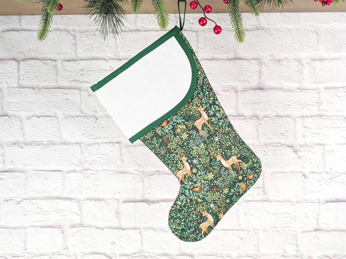 Blank Green Elegant Forest Christmas Stocking with Cross Stitchable Cuff - Curved Style