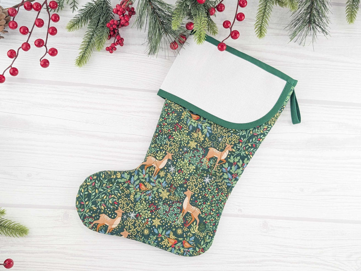 Blank Green Elegant Forest Christmas Stocking with Cross Stitchable Cuff - Curved Style