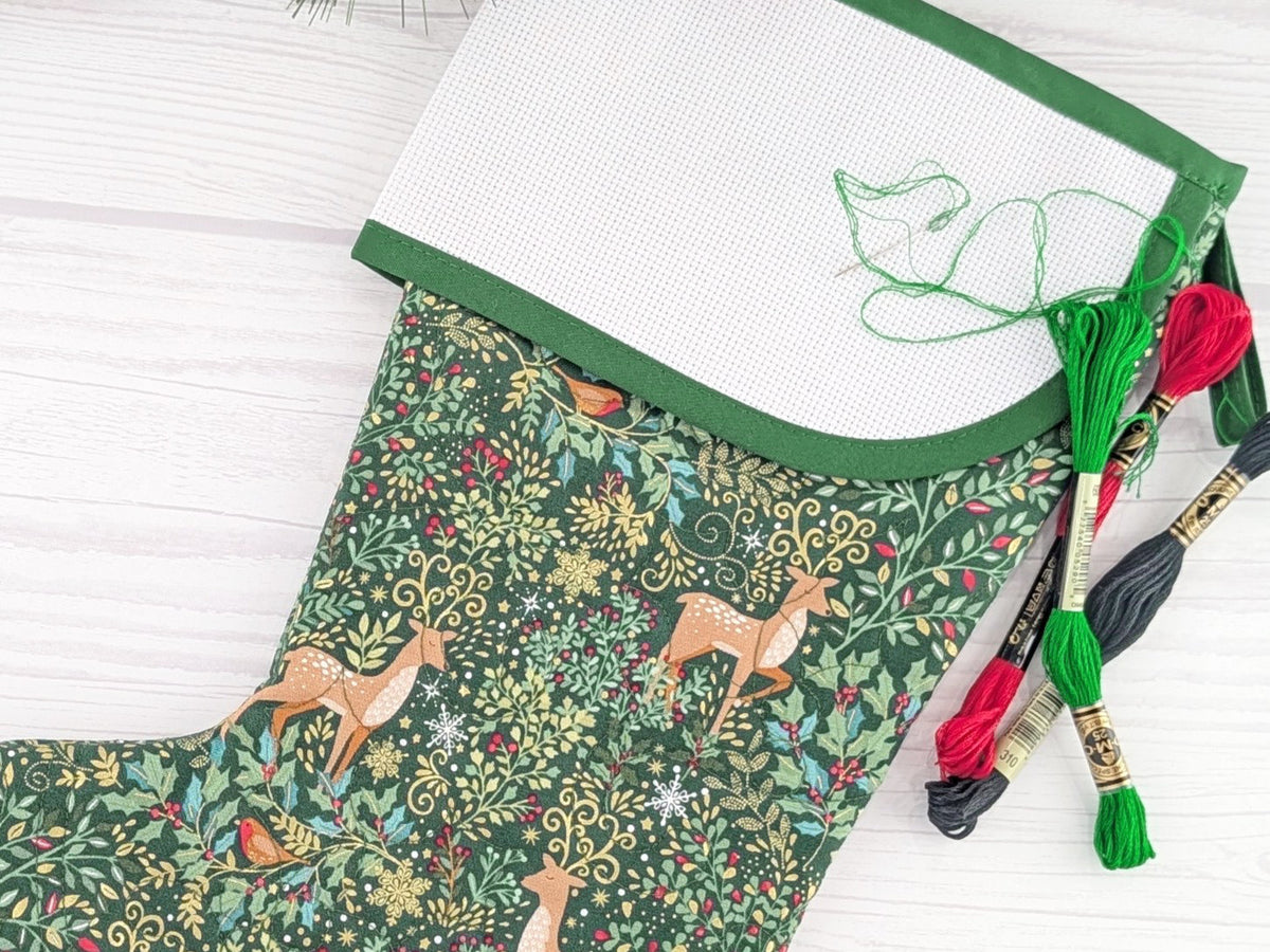 Blank Green Elegant Forest Christmas Stocking with Cross Stitchable Cuff - Curved Style