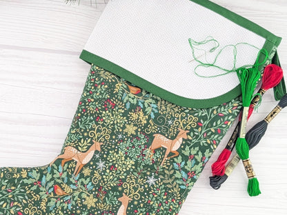 Blank Green Elegant Forest Christmas Stocking with Cross Stitchable Cuff - Curved Style