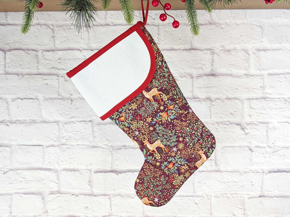 Blank Burgandy Elegant Forest Christmas Stocking with Cross Stitchable Cuff - Curved Style