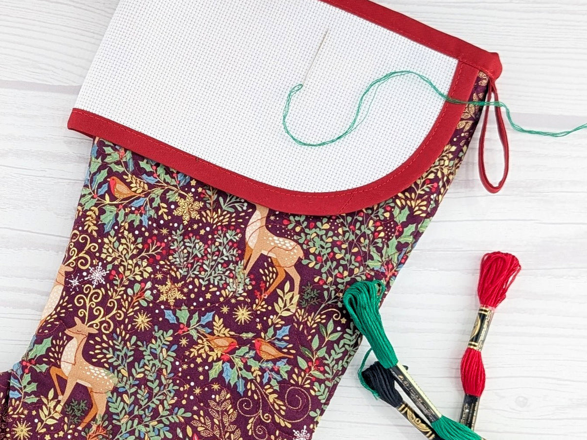 Blank Burgandy Elegant Forest Christmas Stocking with Cross Stitchable Cuff - Curved Style