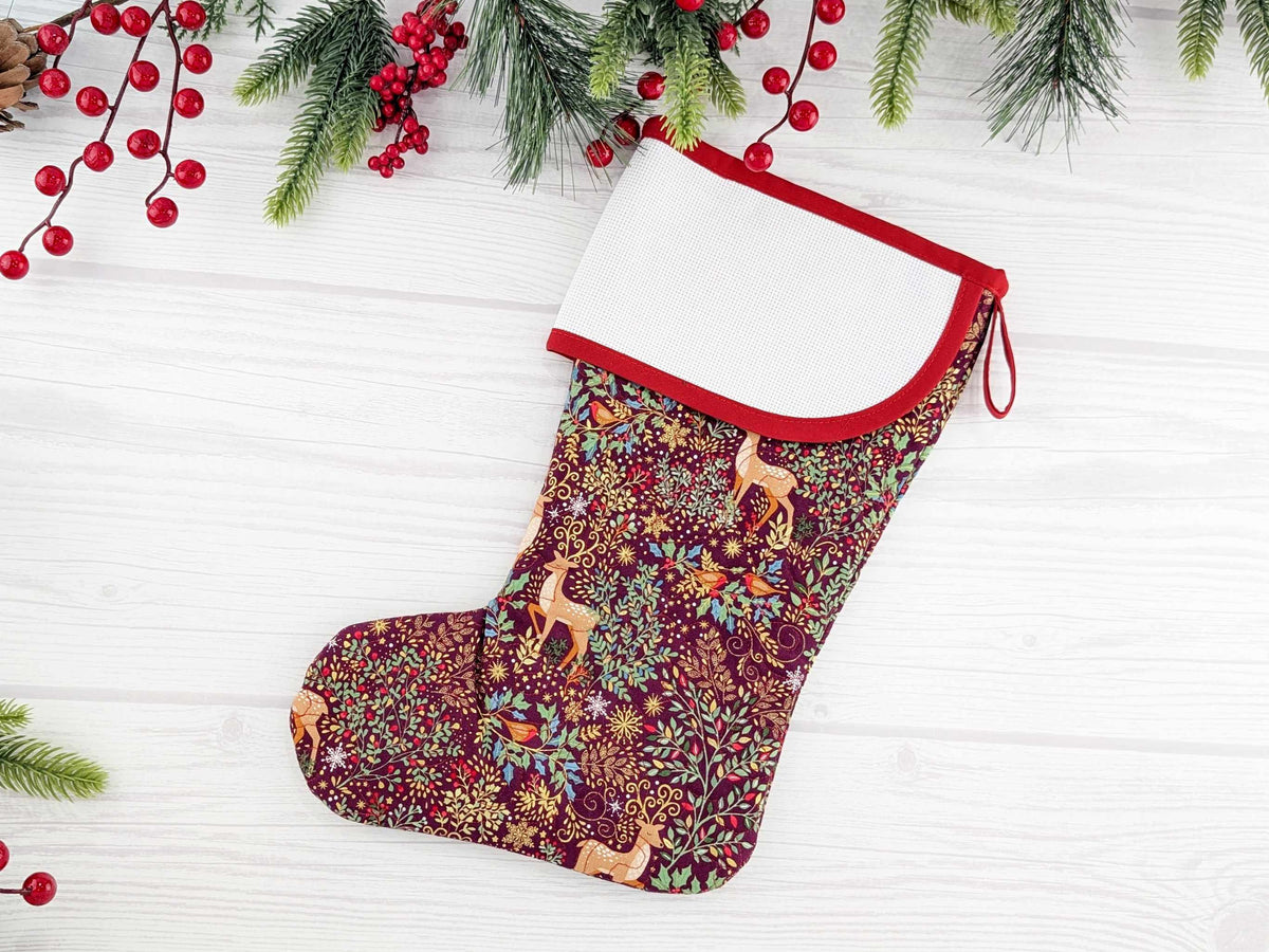 Blank Burgandy Elegant Forest Christmas Stocking with Cross Stitchable Cuff - Curved Style