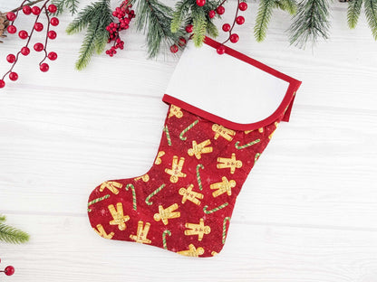 Blank Red Gingerbread Christmas Stocking with Cross Stitchable Cuff - Curved Style