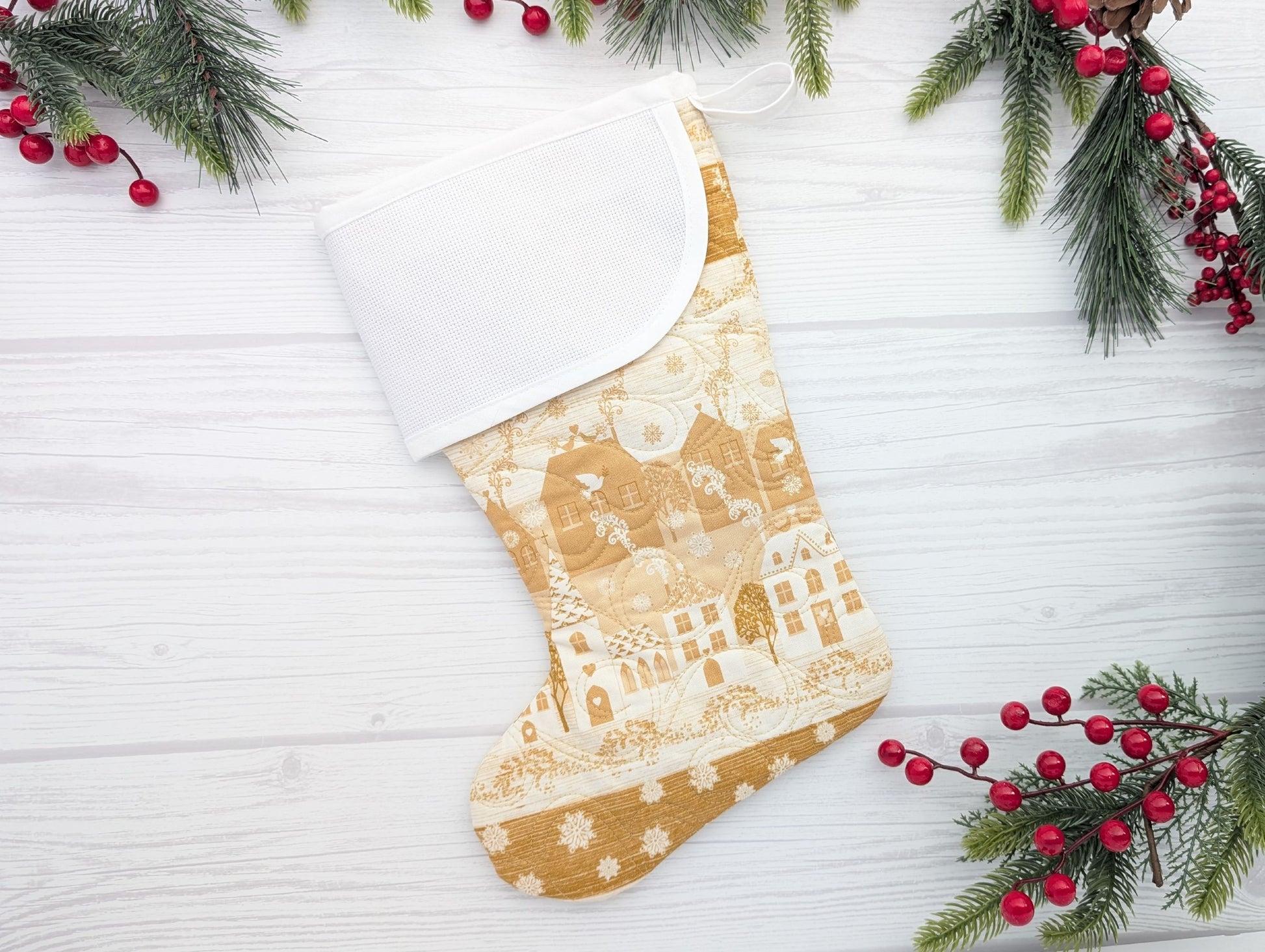 Gold Village Christmas stocking with blank aida cuff