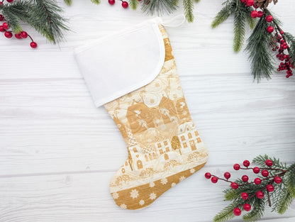 Gold Village Christmas stocking with blank aida cuff