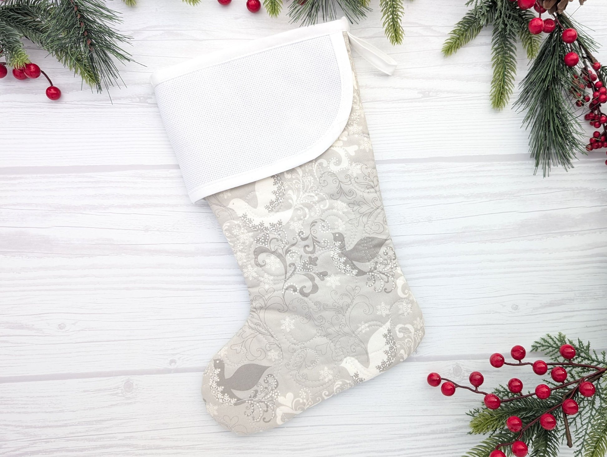 Silver Doves Christmas stocking with blank aida cuff